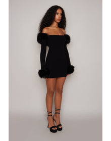 Faux Fur Off The Shoulder Mini Dress | Black