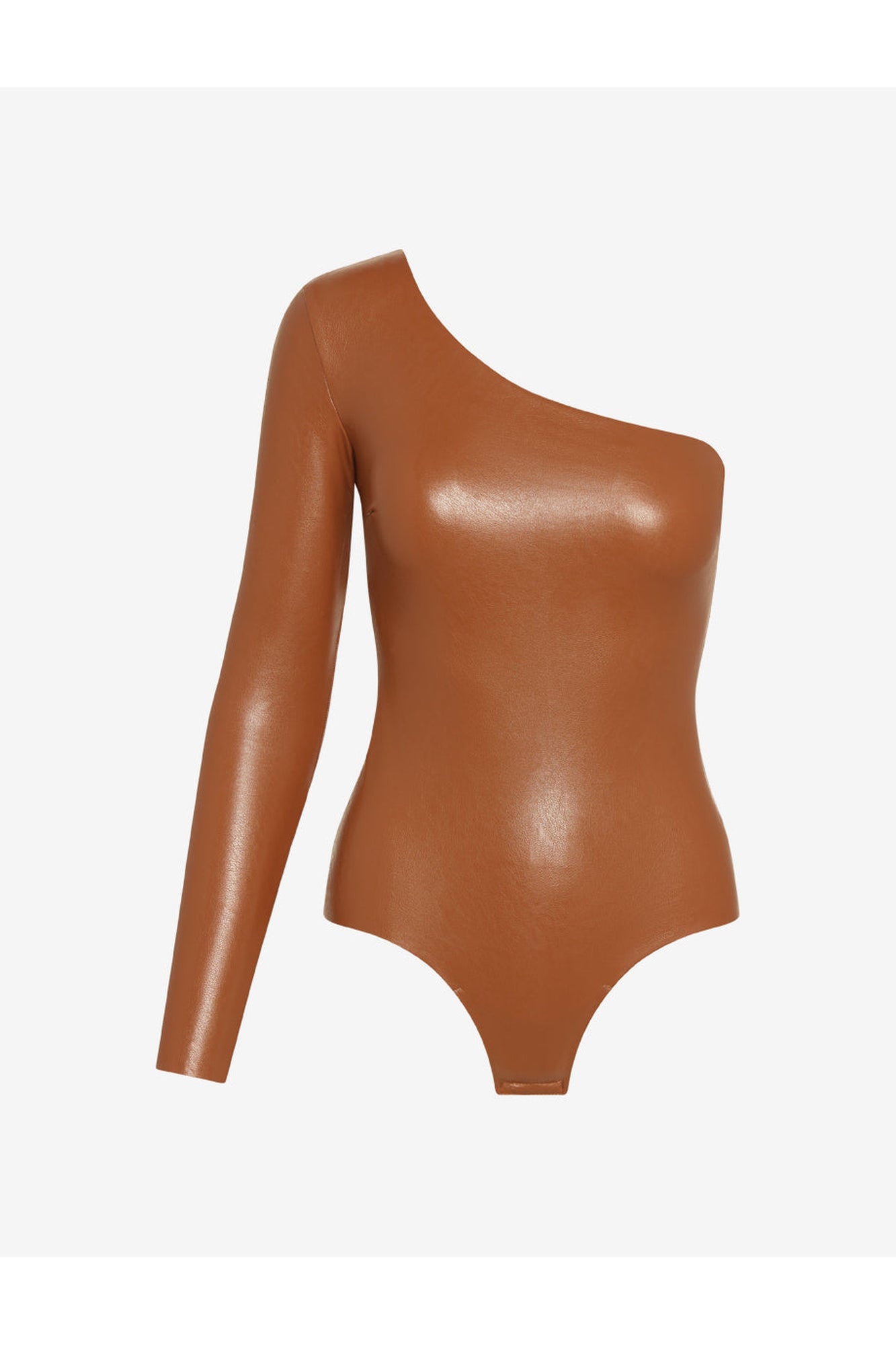 Faux Leather Long Sleeve One-Shoulder Bodysuit | Cocoa