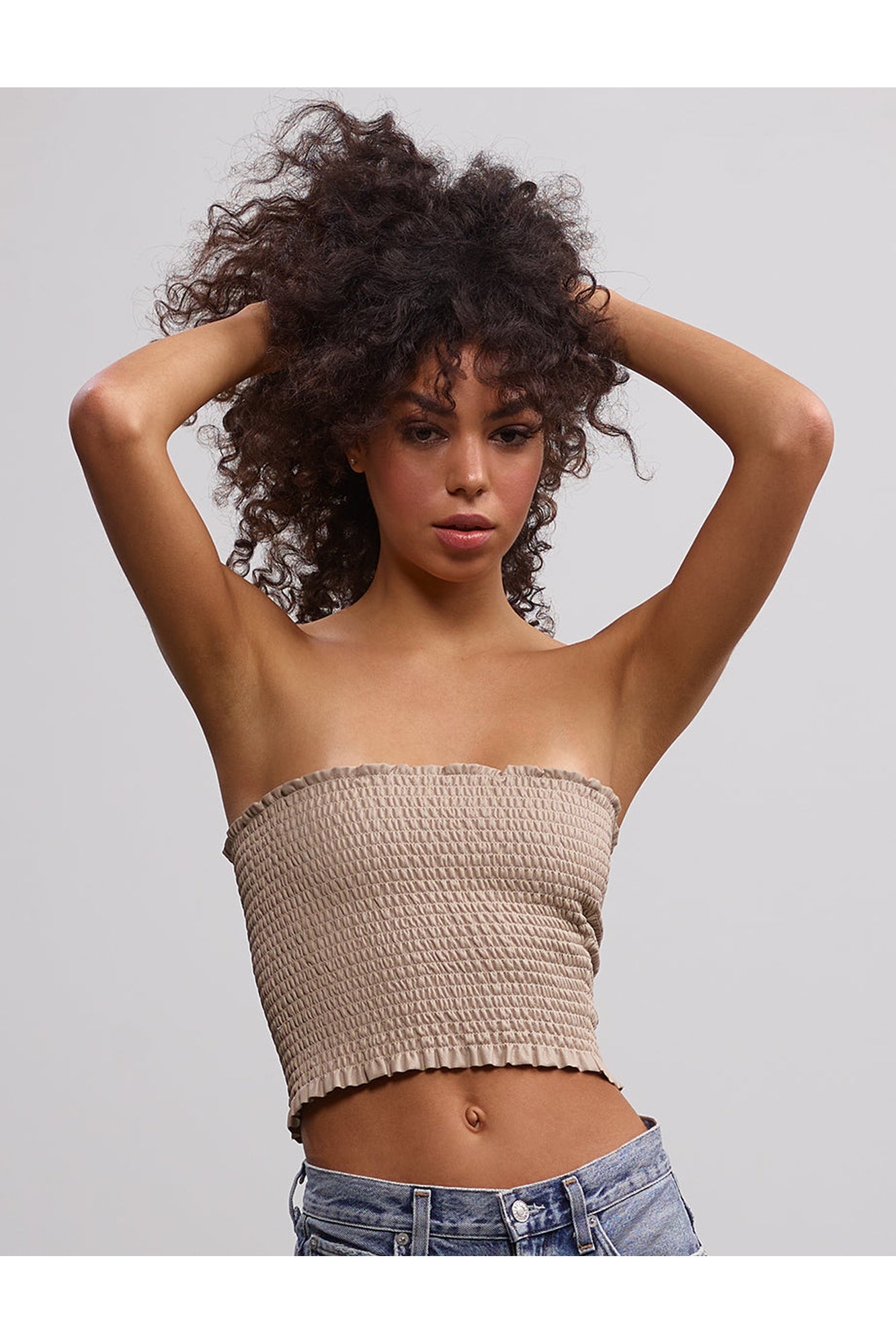 Faux Leather Smocked Tube Top | Sand