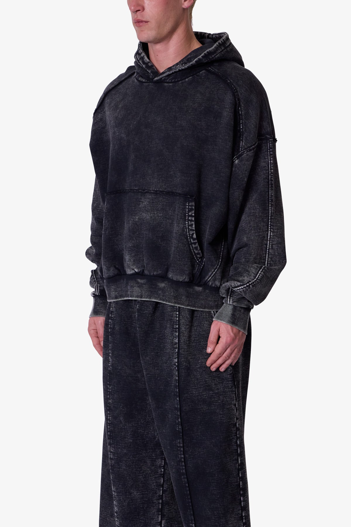 Frayed Seam Acid Wash Hoodie | Black