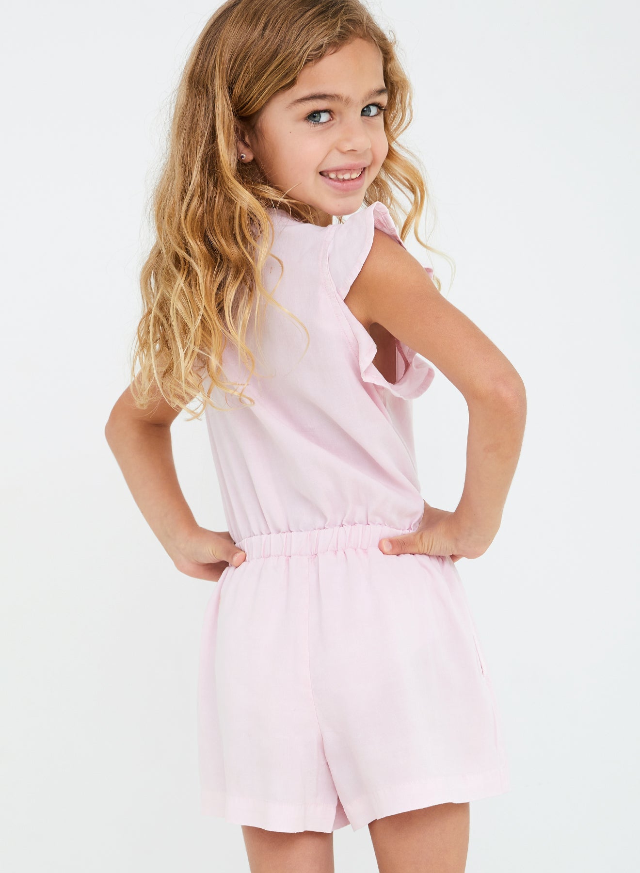 Girls |  Ruffle Sleeve Romper | Rose Petal