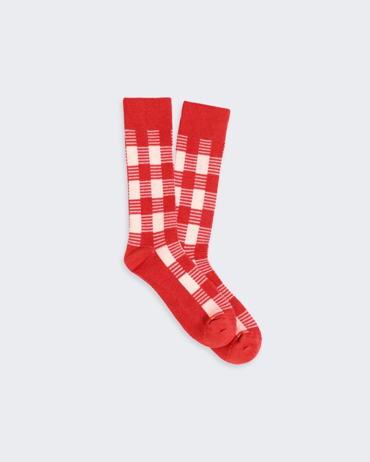 Gingham Socks - Cherry/Cream red and cream two-color jacquard gingham silk linen blend women’s socks.