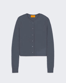 Grizzly Cardigan - Charcoal, women's medium-weight 100% cashmere knit with ribbed hem and cuff trim.