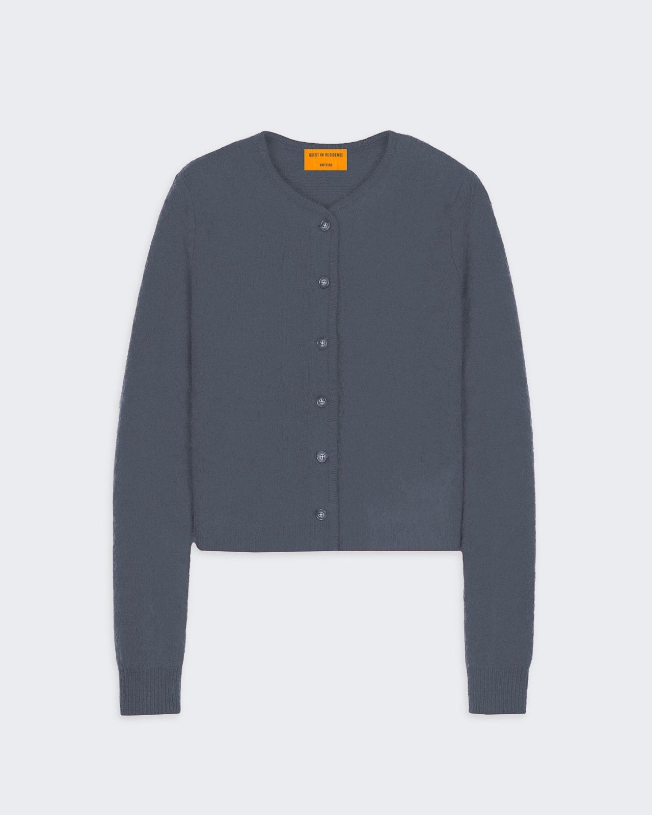 Grizzly Cardigan - Charcoal, women's medium-weight 100% cashmere knit with ribbed hem and cuff trim.
