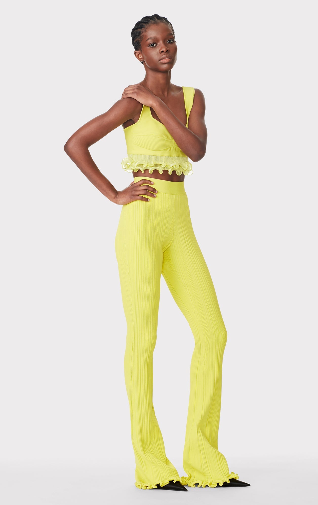 Ribbed Pants With Ruffled Hem | Chartreuse