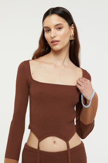 GINIA Hazel Tie top in Chocolate/Sky Blue