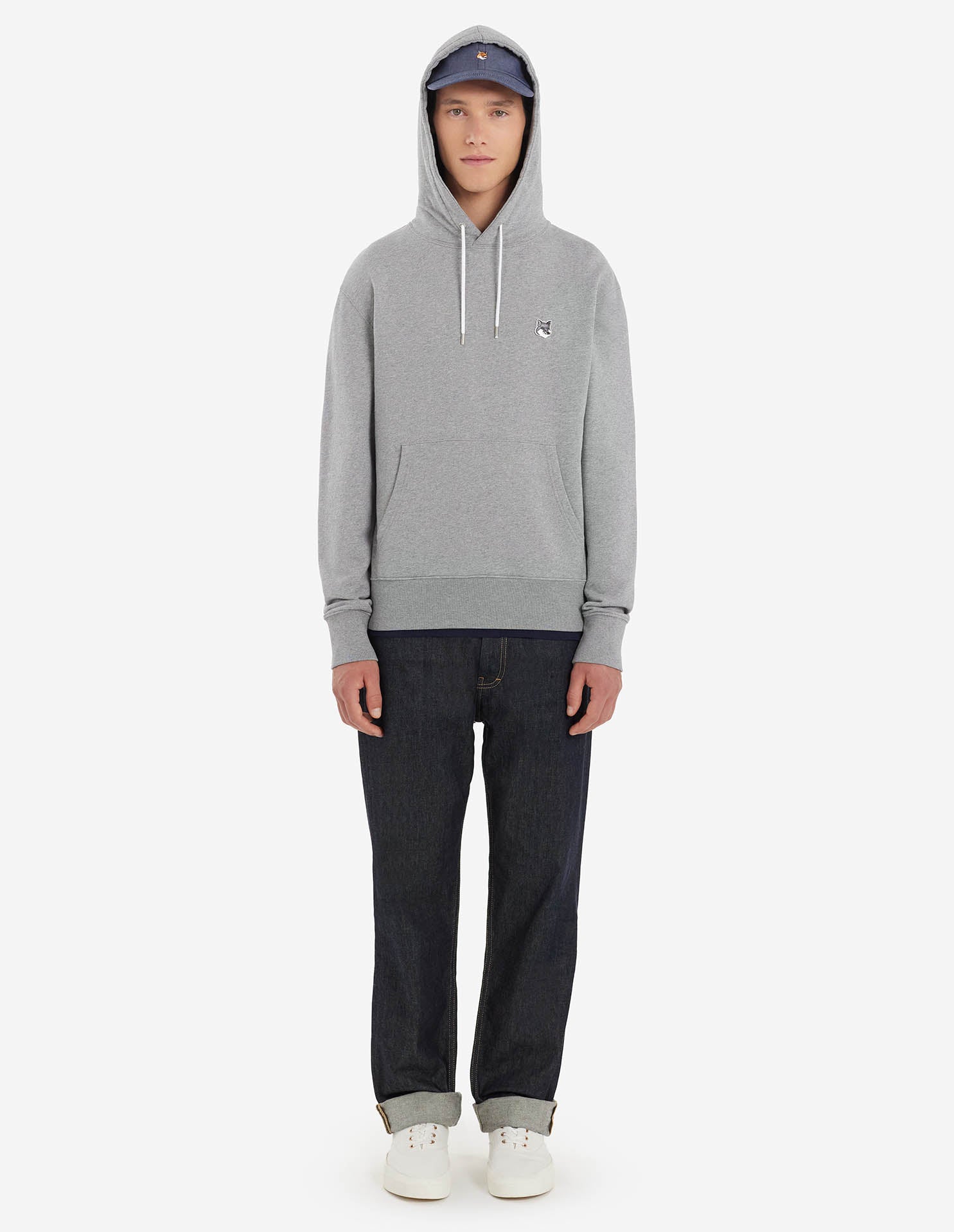Unisex | Grey Fox Head Patch Classic Cotton Fleece Hoodie | Grey Melange