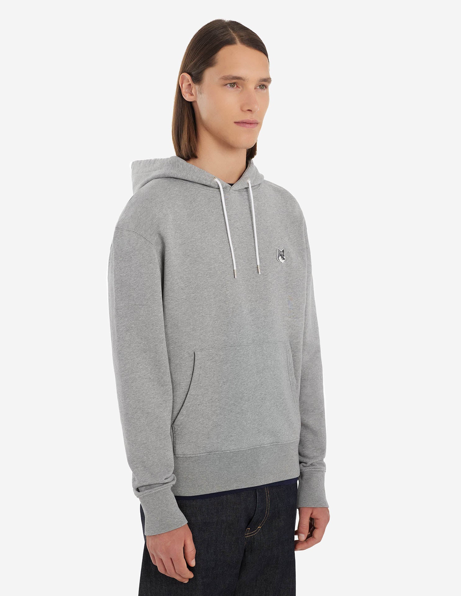 Unisex | Grey Fox Head Patch Classic Cotton Fleece Hoodie | Grey Melange