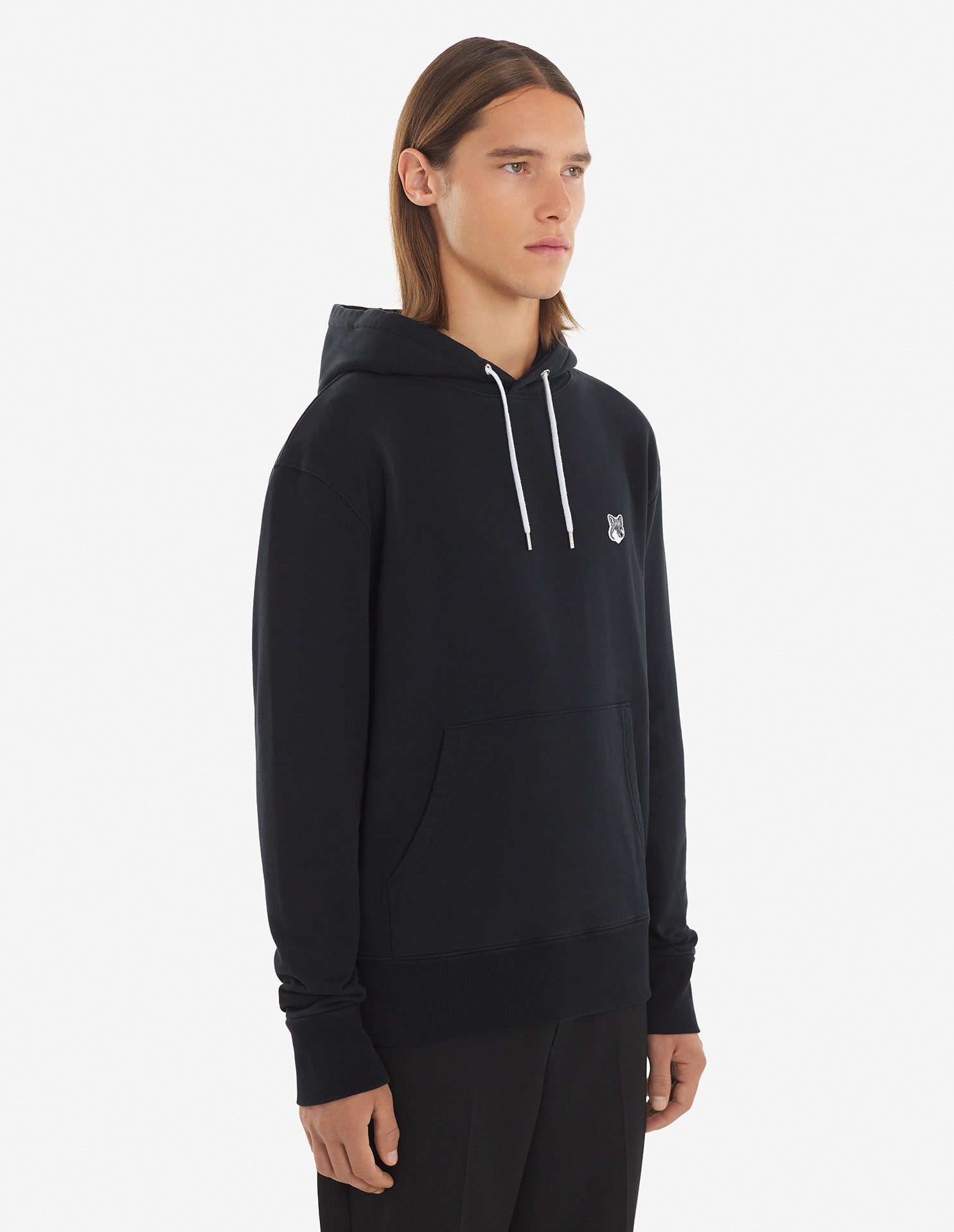 Unisex | Grey Fox Head Patch Classic Cotton Fleece Hoodie | Black