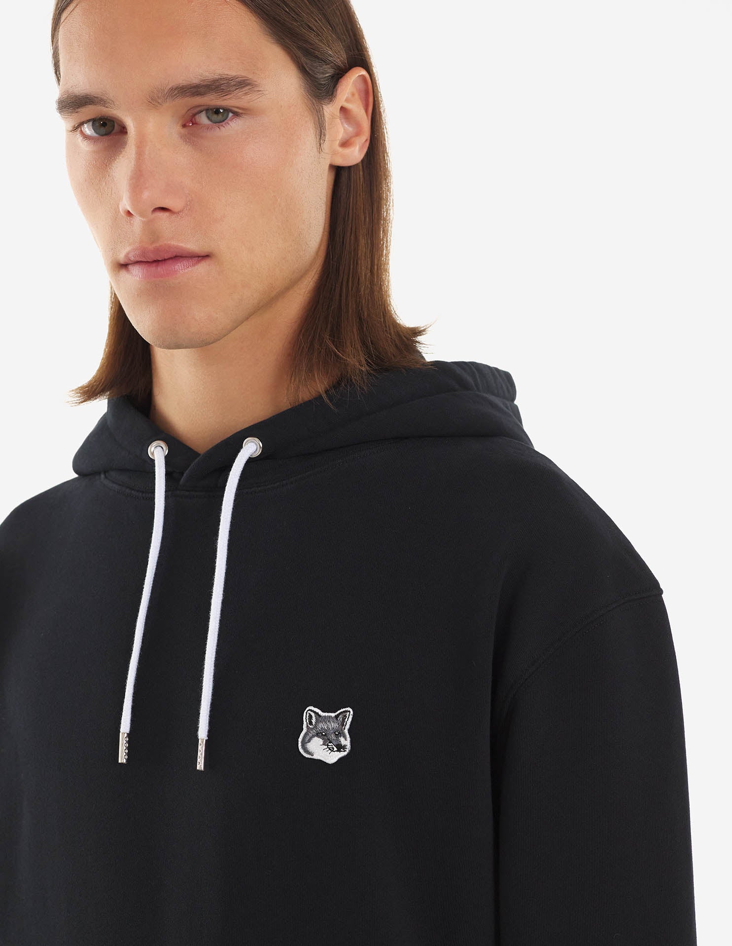 Unisex | Grey Fox Head Patch Classic Cotton Fleece Hoodie | Black