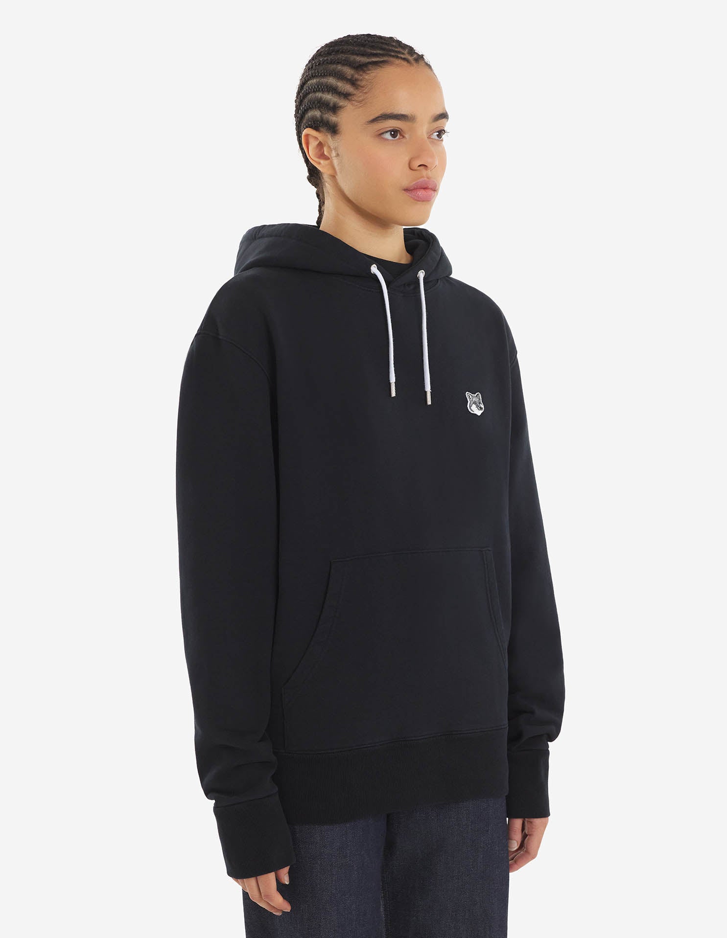 Unisex | Grey Fox Head Patch Classic Cotton Fleece Hoodie | Black