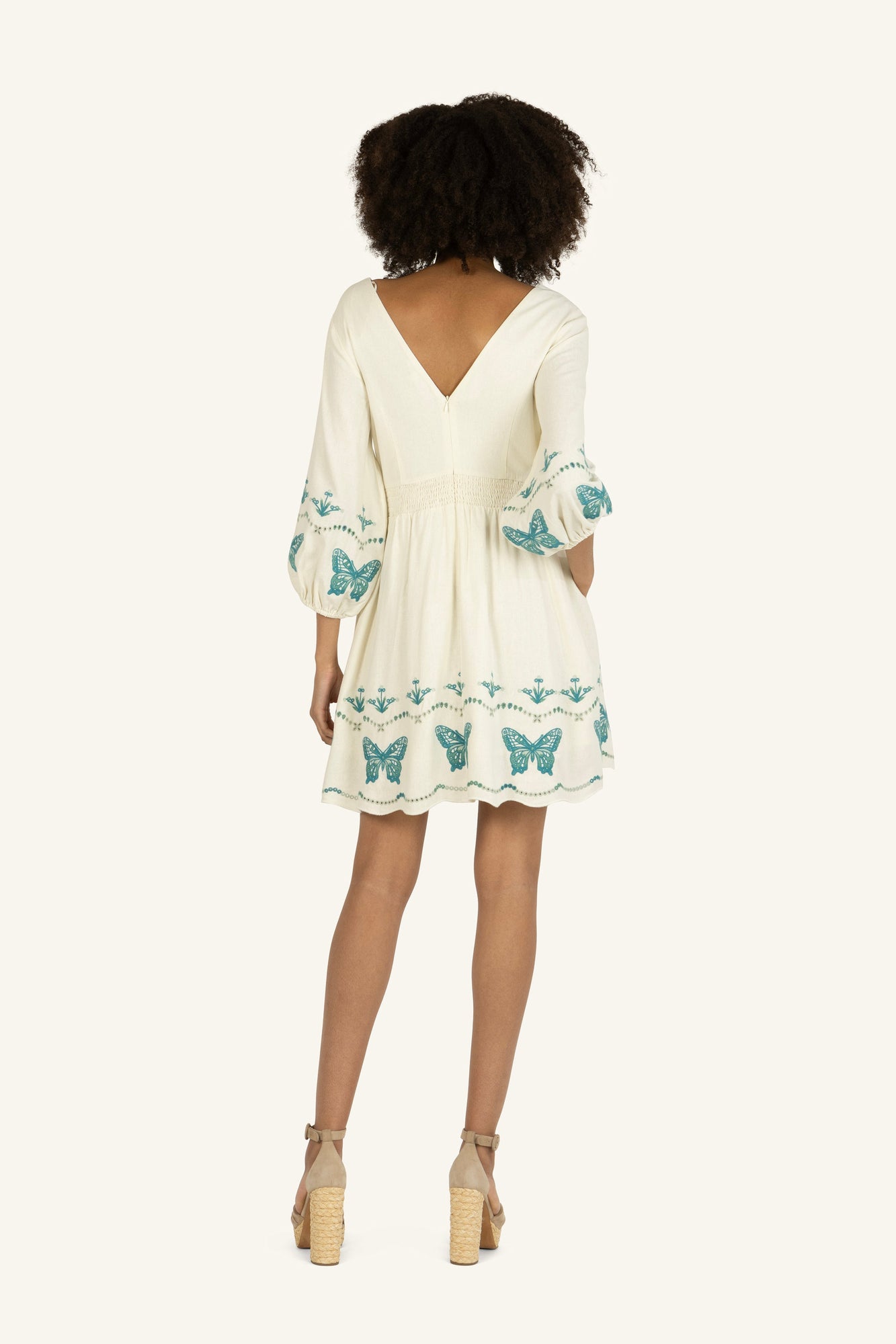 Gia Dress | Antique Creme x Multi Blue Embroidery