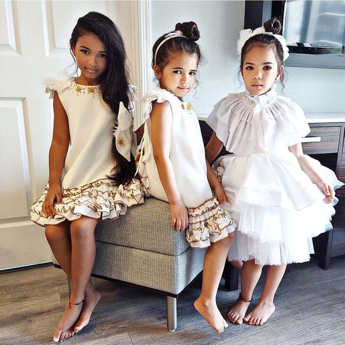 Girl | Angelina Feather Wings Dress | White x Gold