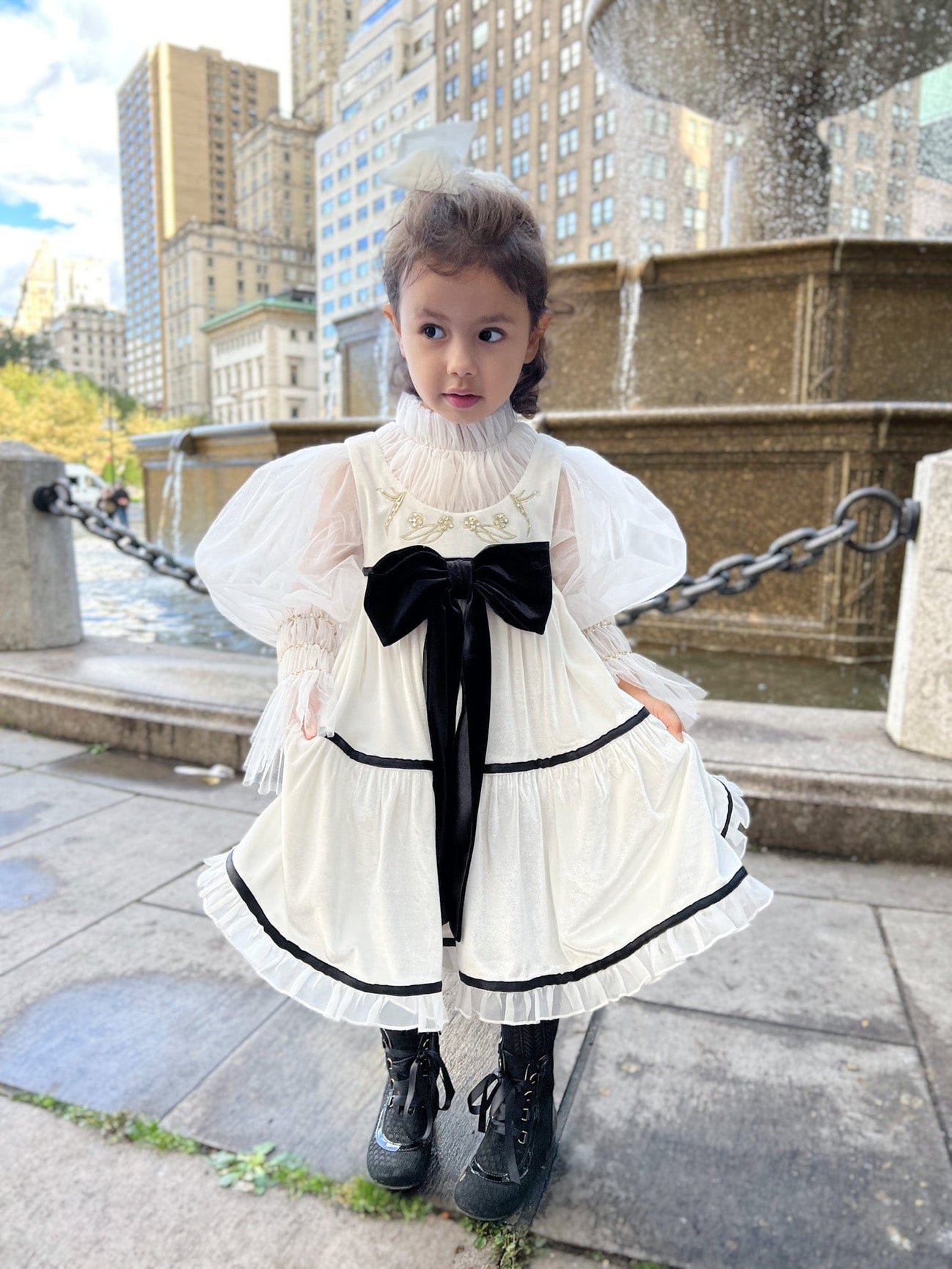 Girl | Aurora Ivory Velour Dress with Tulle Puff Sleeves