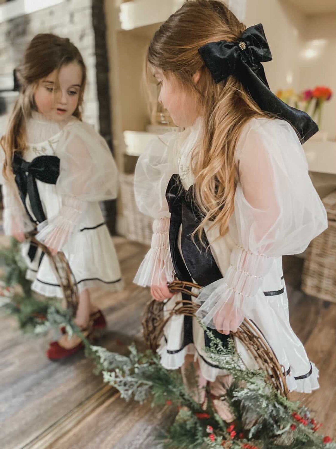Girl | Aurora Ivory Velour Dress with Tulle Puff Sleeves
