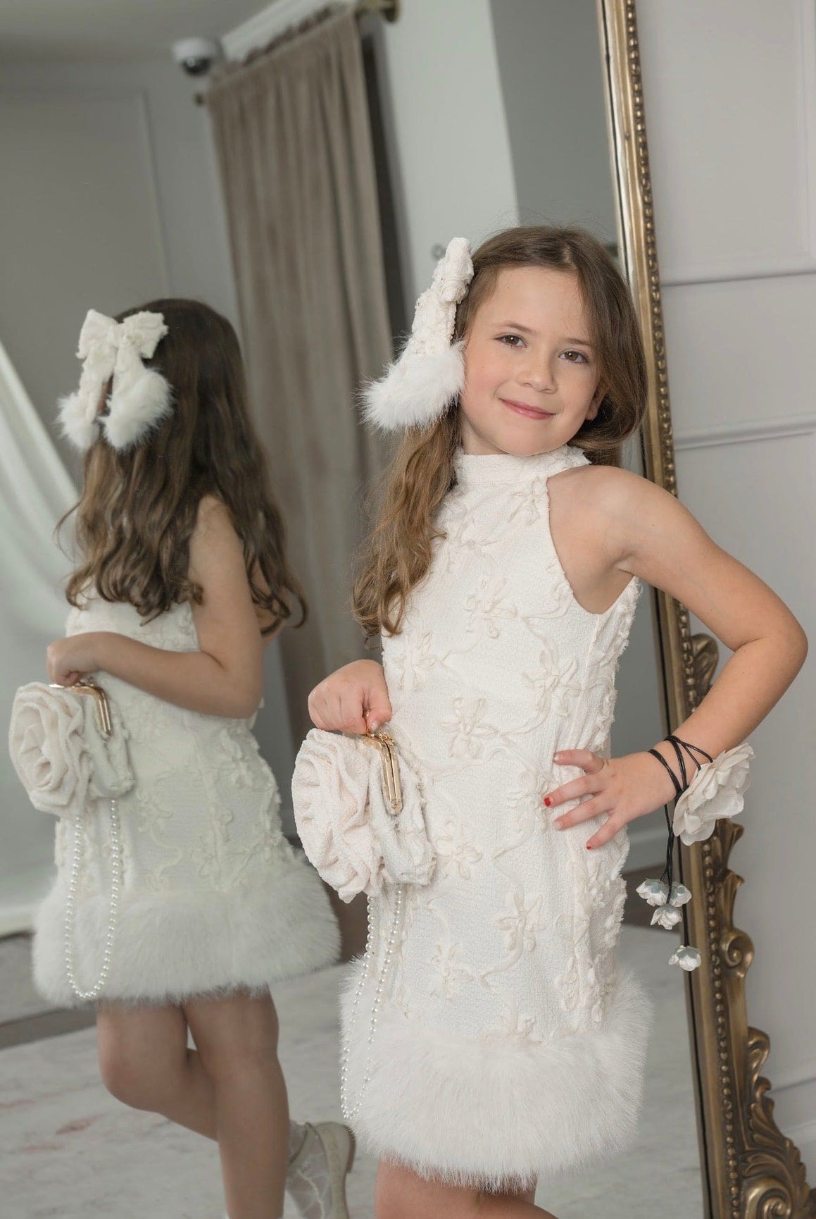 Girl | Ava Ivory Flower Faux Fur Dress