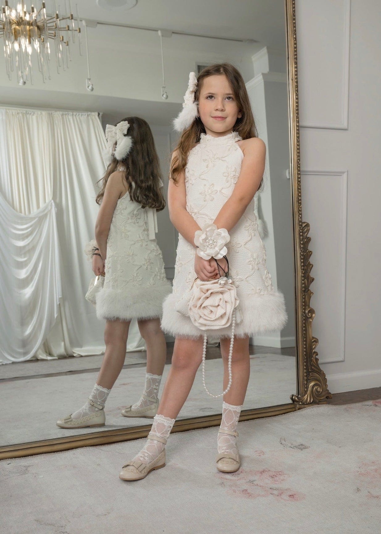 Girl | Ava Ivory Flower Faux Fur Dress