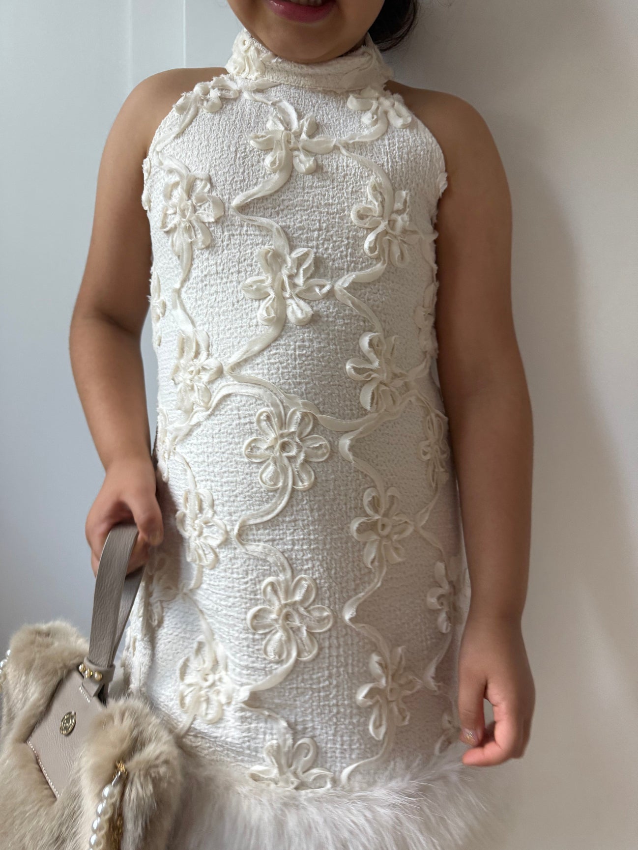 Girl | Ava Ivory Flower Faux Fur Dress