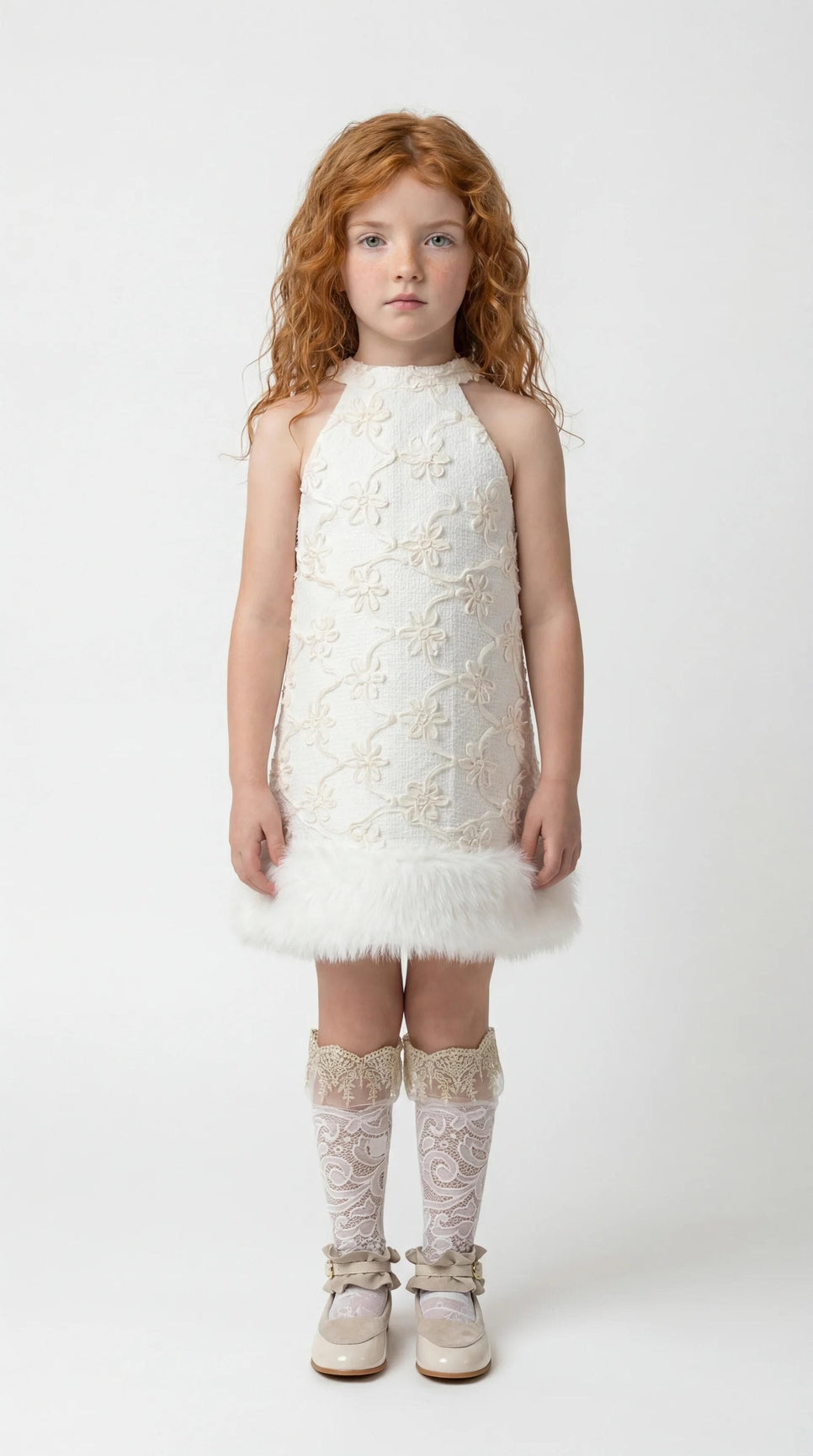 Girl | Ava Ivory Flower Faux Fur Dress