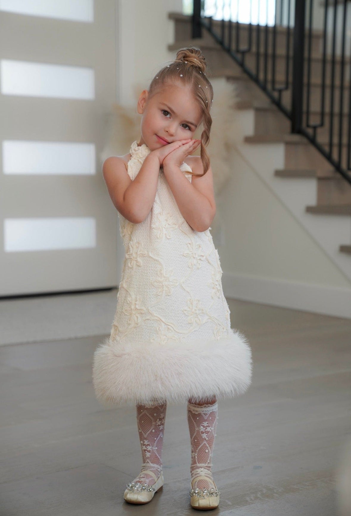 Girl | Ava Ivory Flower Faux Fur Dress