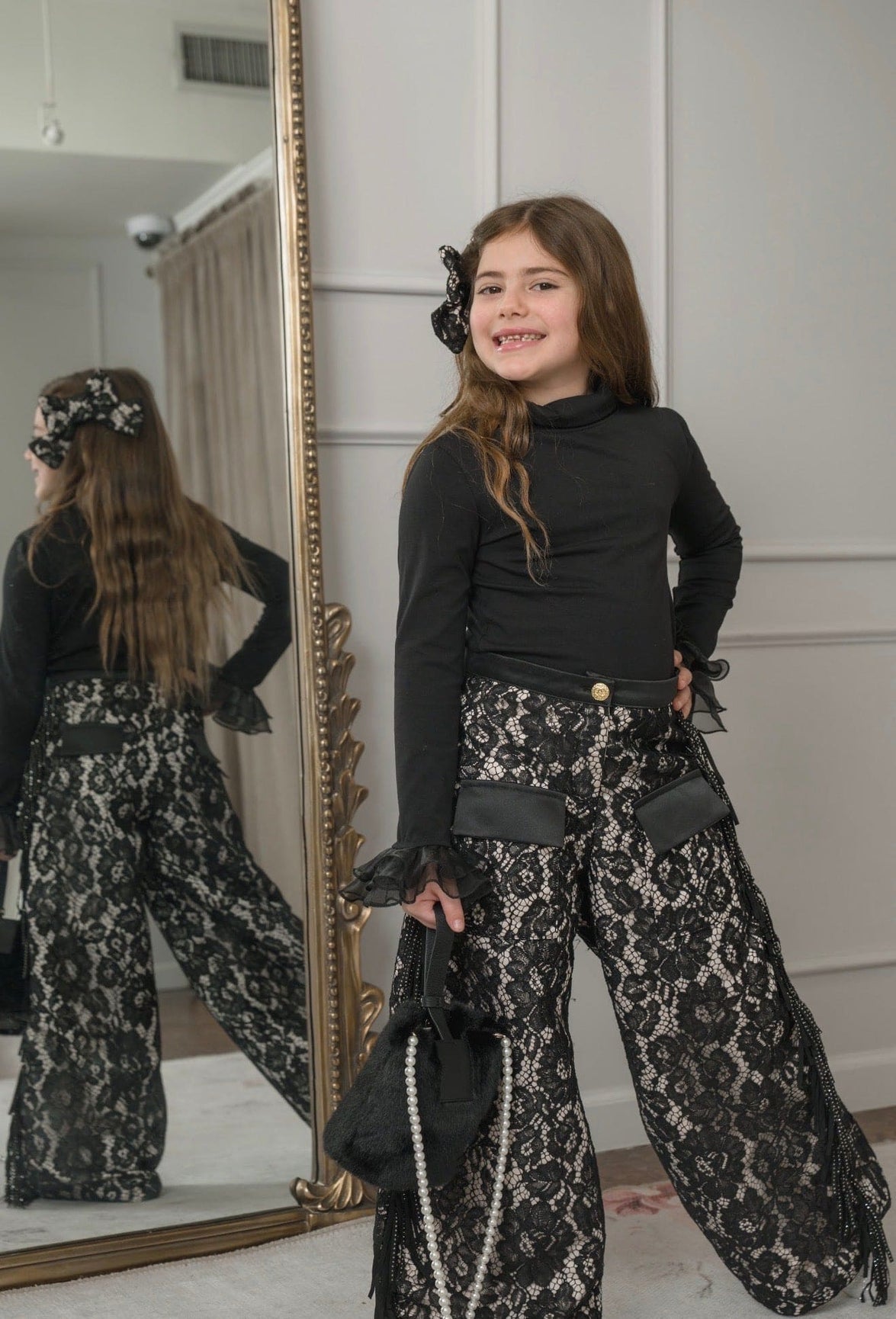 Girl | Black Cotton Turtleneck with Organza Sleeves
