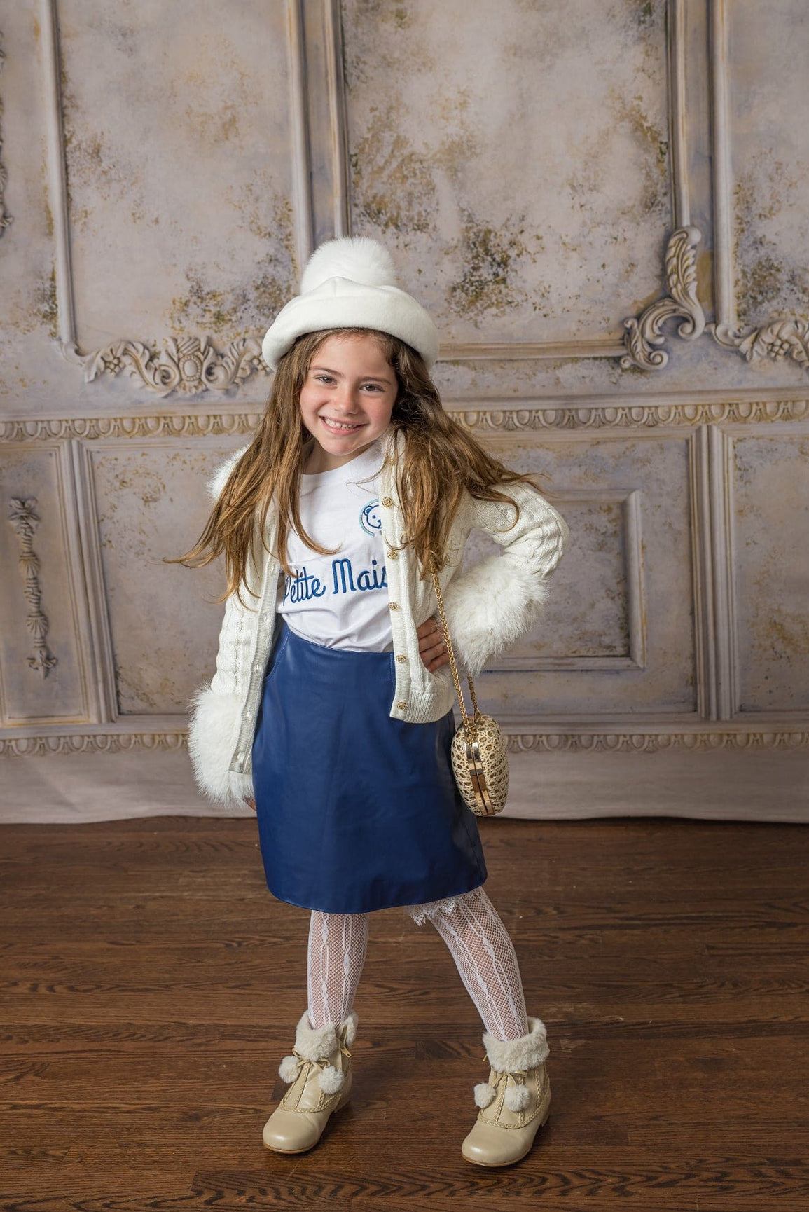 Girl | Cableknit Faux Fur Cotton Cardigan | White