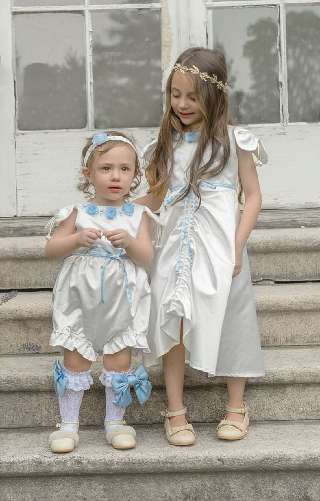 Girl | Daphne Satin Dress with Embroidery | White x Blue