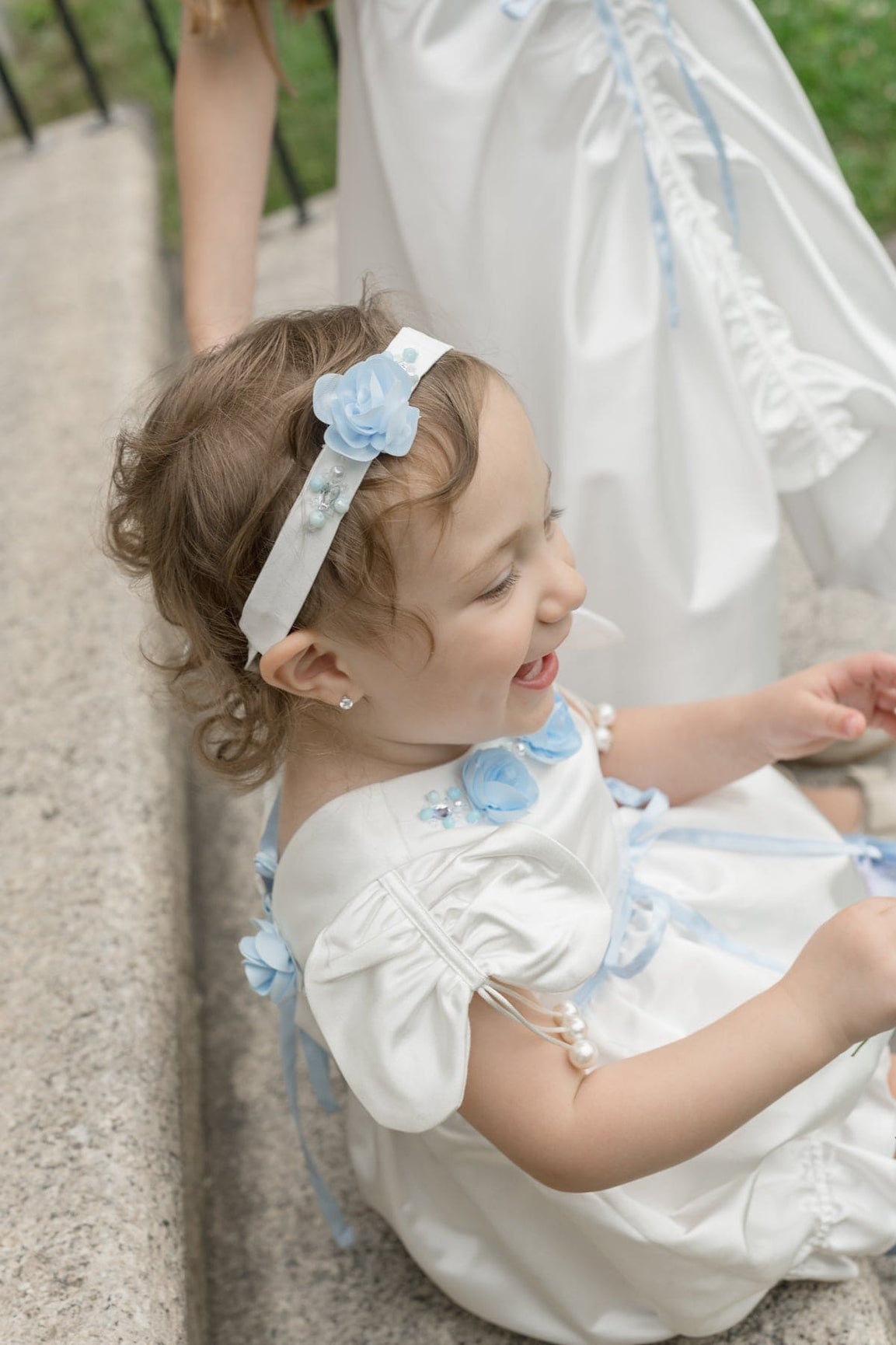 Girl | Daphne Satin Romper with Embroidery | White x Blue