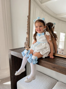 Girl | Daphne Satin Romper with Embroidery | White x Blue