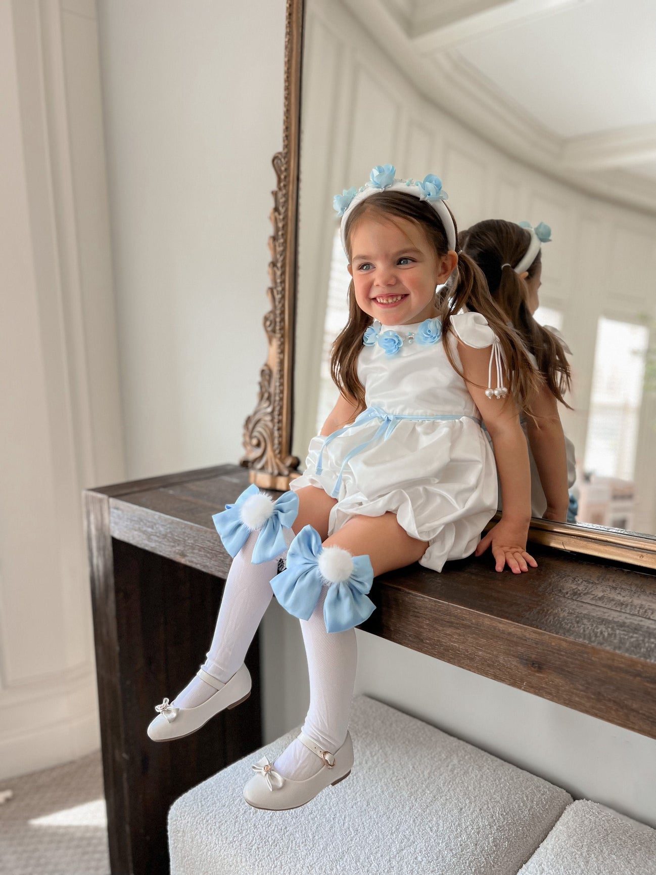 Girl | Daphne Satin Romper with Embroidery | White x Blue