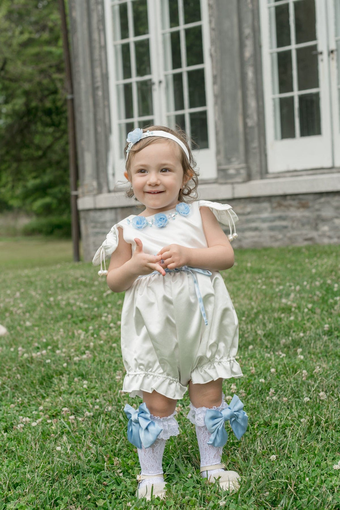 Girl | Daphne Satin Romper with Embroidery | White x Blue