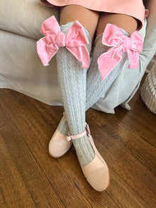 Girl | Grey Knee High Socks with Velvet Bows | Gray x Pink