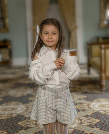 Girl | Iris Blouse and Tweed Shorts Set | White x Ivory x Blue