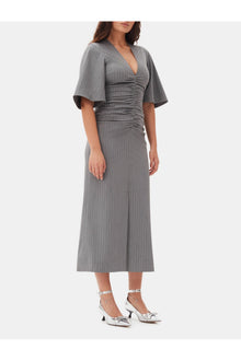 Grey Striped Suiting V neck Fitted Dress | Mirage Gray