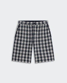 Gingham Bermuda Short - Midnight Combo in jacquard gingham with pintuck detail, button fly, and side pockets.