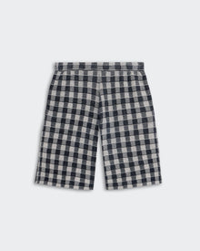 Gingham Bermuda Short - Midnight Combo with pintuck detail, side pockets, and jacquard gingham silk-linen blend fabric.