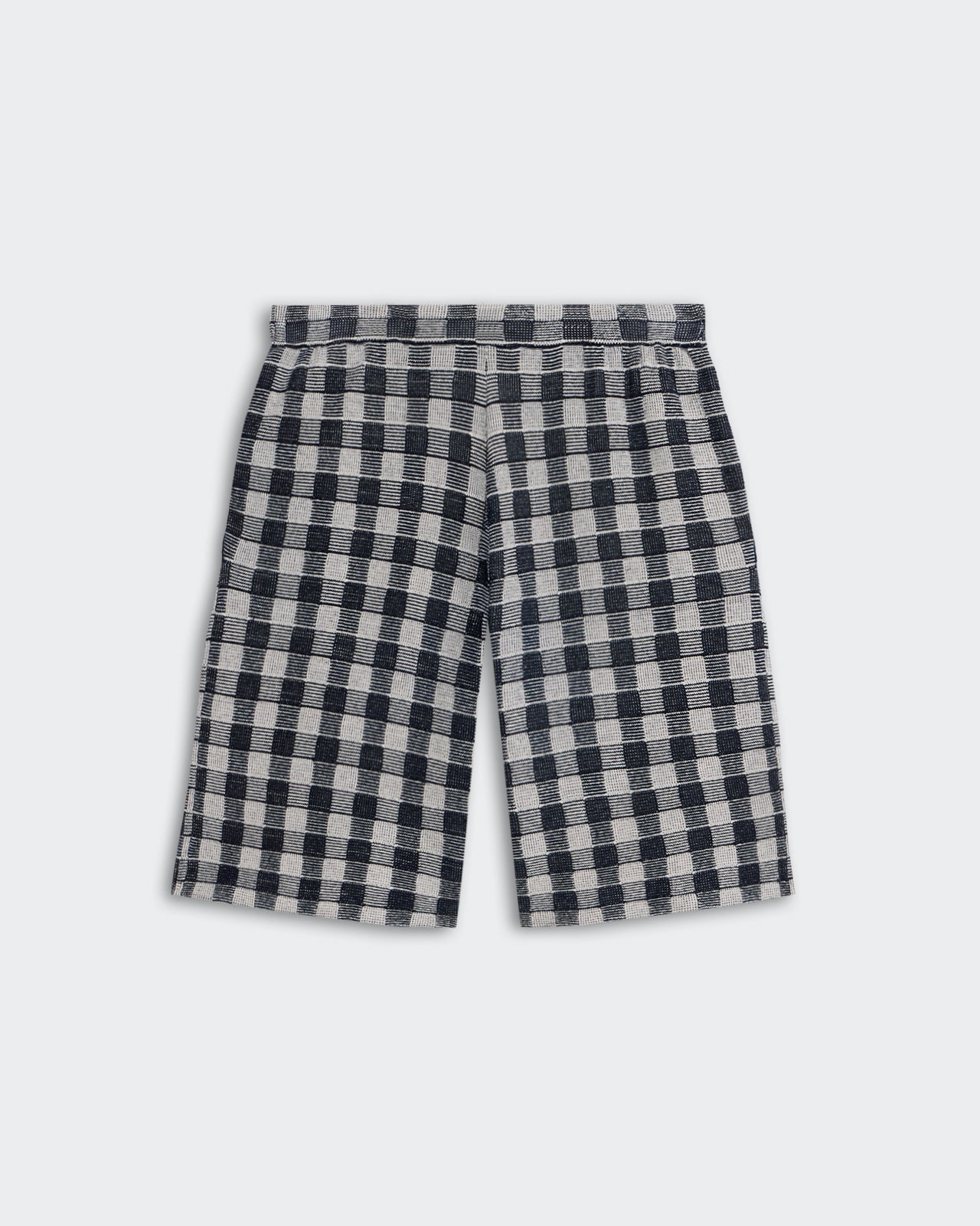 Gingham Bermuda Short - Midnight Combo with pintuck detail, side pockets, and jacquard gingham silk-linen blend fabric.