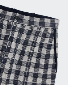 Gingham Bermuda Short - Midnight Combo with two-color jacquard gingham, pintuck, front fly, and side pockets.