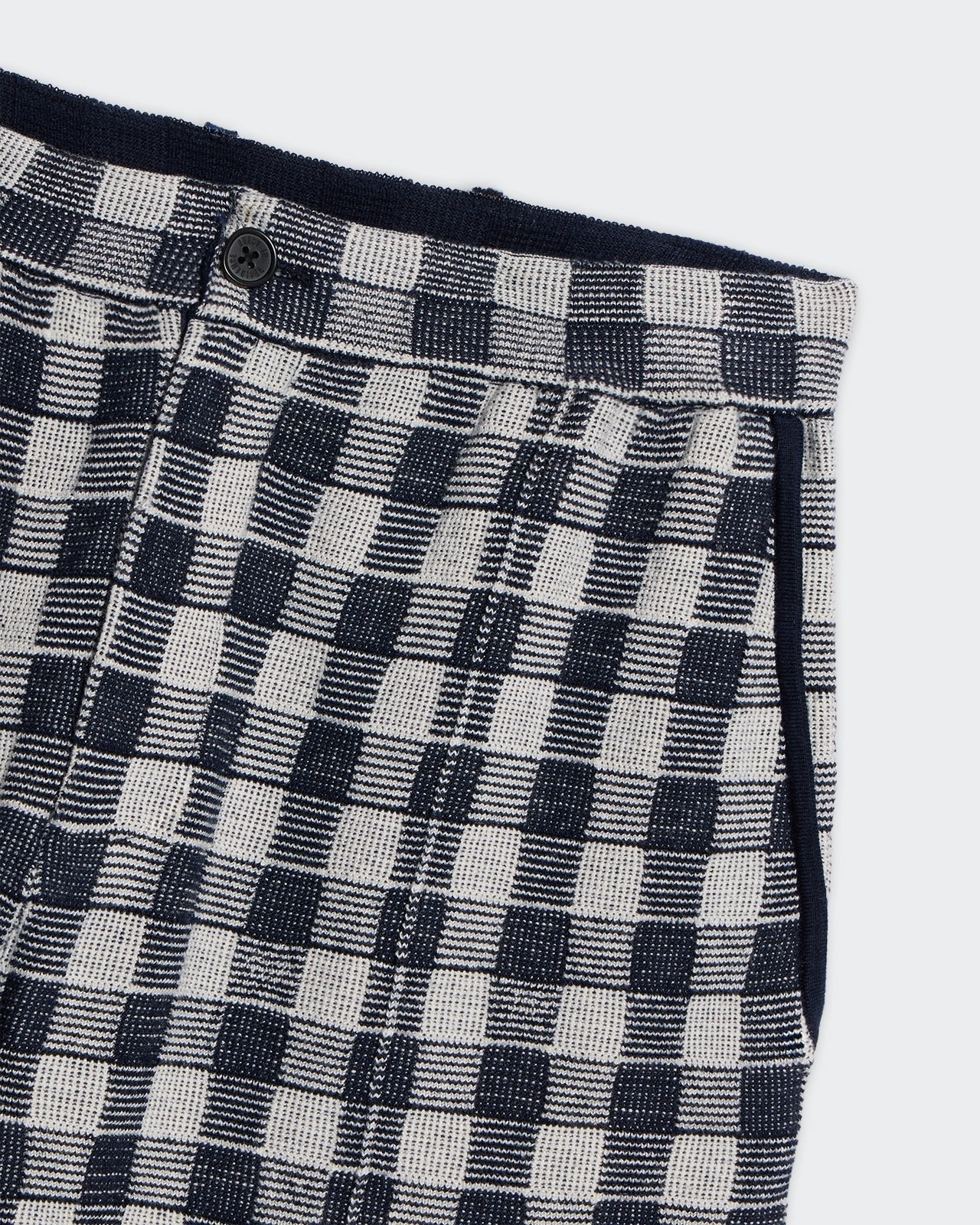 Gingham Bermuda Short - Midnight Combo with two-color jacquard gingham, pintuck, front fly, and side pockets.