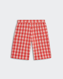 Gingham Bermuda Short - Cherry Combo in red and light pink check pattern with pintuck and side pockets.