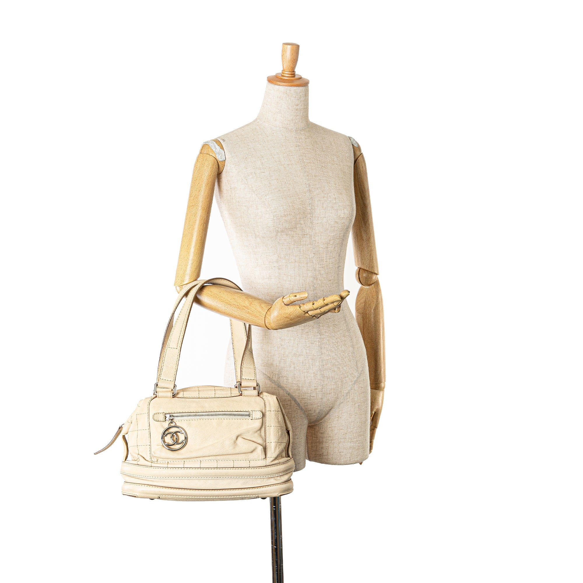 Chanel | Pre-Owned Goatskin Square Stitch Essential Bowler | Brown/Light Beige