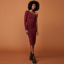 Front view of model wearing the supersoft sweater knit one shoulder dress in rhubarb.