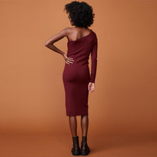 Back view of model wearing the supersoft sweater knit one shoulder dress in rhubarb.