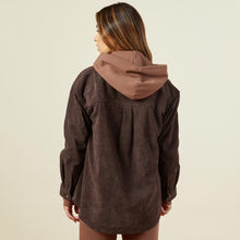 Back view of model wearing the corduroy shacket in dark oak.