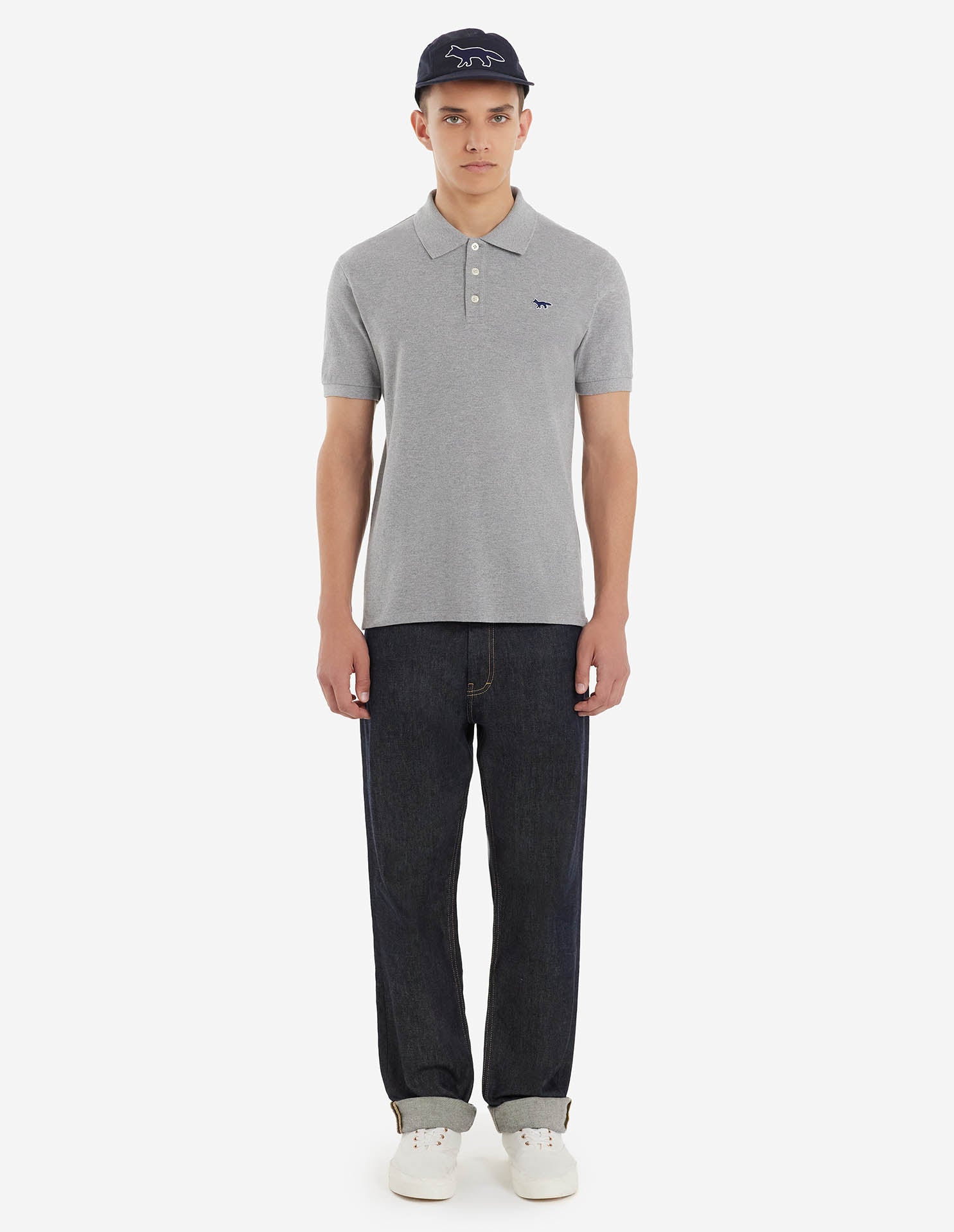 Mens | Navy Fox Patch Classic Polo | Grey Melange