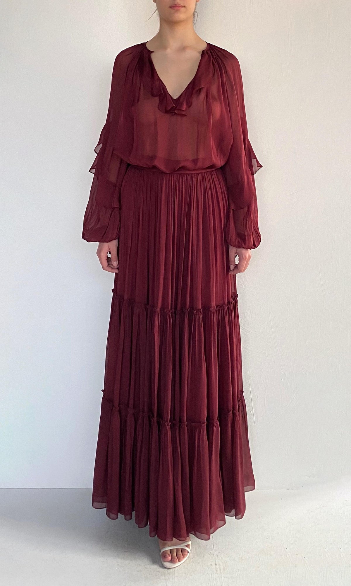 Womens | Aayu Viscose Flat Chiffon Ruffled Top | Burgundy