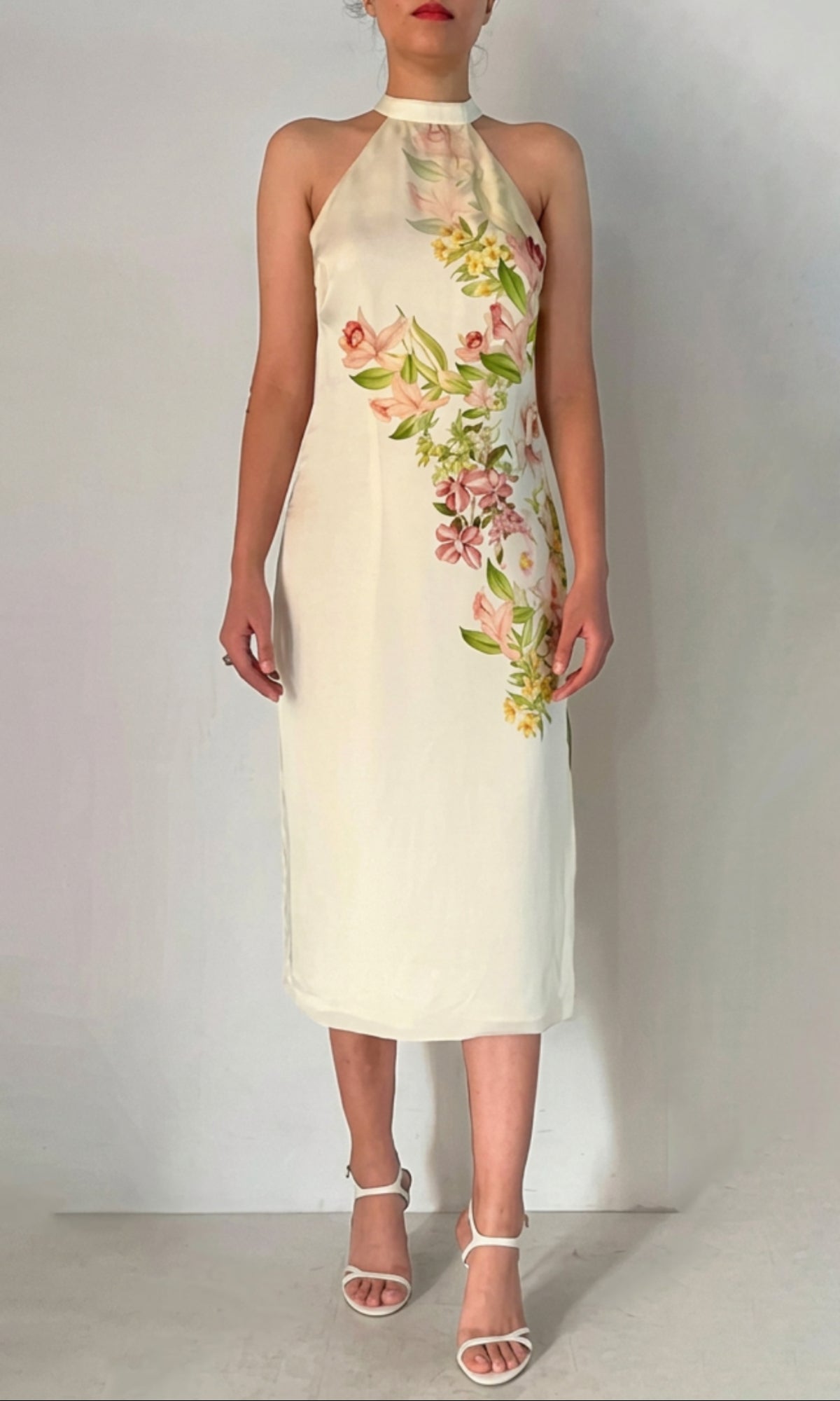 Hemant And Nandita | Aiva Viscose Satin Midi Dress With Slit | Ivory Floral