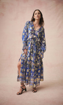 Hemant And Nandita | Amyra Viscose Georgette Gold Silver Lurex Kaftan With Slip | Cobalt Blue