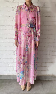 Hemant And Nandita | April Cotton Linen Long Dress | Pink Floral