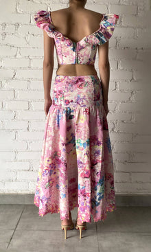 Hemant And Nandita | April Linen Cotton Long Skirt | Pink Floral